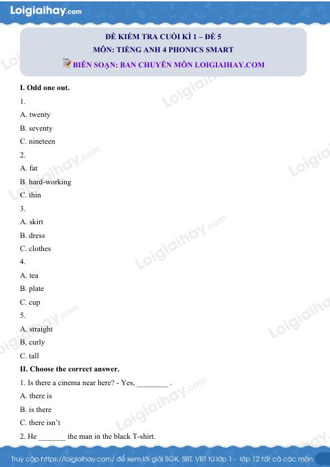 Đề thi học kì 1 Tiếng Anh 4 Phonics Smart - Đề số 5